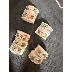 Vintage 1950s Ceramic Porcelain Napkin Ring Holders Decorative Floral Design -